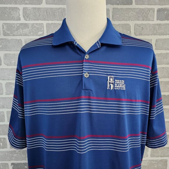 Nike Golf Polo Shirt Men's XL‎ Blue Red Striped Torres Blancas Golf Club Spain - Picture 3 of 11